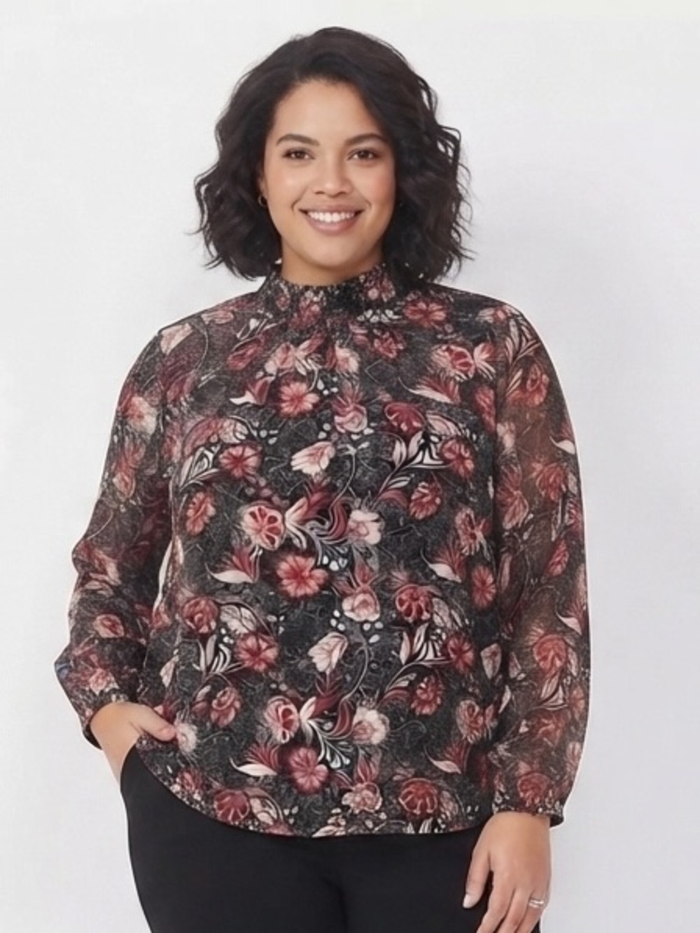 Lane Bryant Red Floral Mock Neck Long Sleeve Blouse Size 18/20 New With…